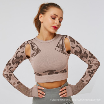 Top Running Fitness Women Camo Mesh Custom Logo Long Sleeve Seamless Sports Yoga Top